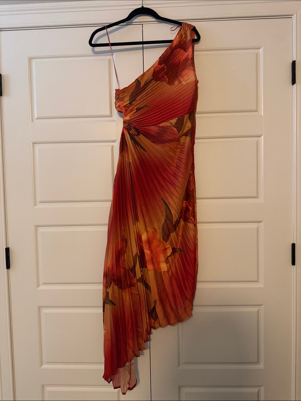 Vici One-Shoulder Pleated Floral Dress in Red and Orange